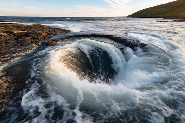 A waterfall on the rocks in the ocean