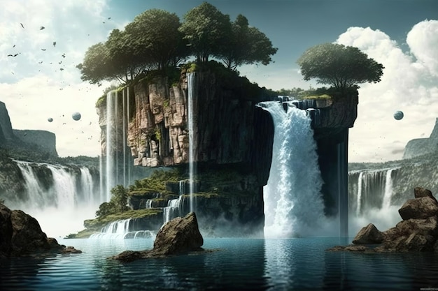 Fantasy island with waterfalls. 3d illustration. Elements of this image  furnished by NASA generative ai 22653879 Stock Photo at Vecteezy