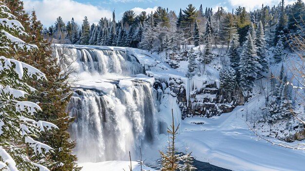 A waterfall in the snow surrounded by trees