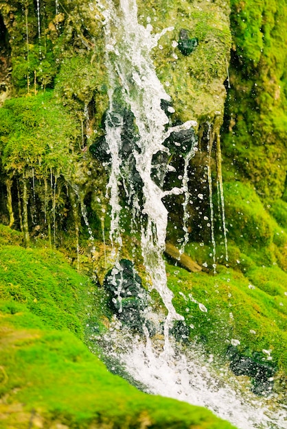 Waterfall on the stones with green moss
