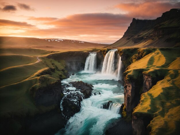 waterfall during the sunset beautiful waterfall in iceland