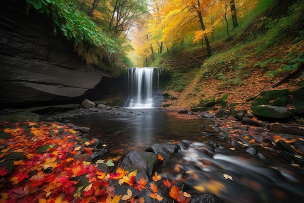 Waterfall surrounded by autumn foliage with colorful leaves in the mix created with generative ai