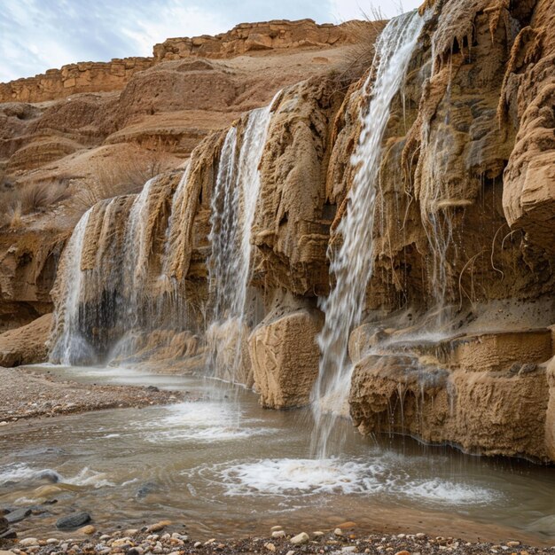 Photo a waterfall that is in front of a mountain