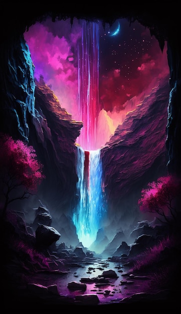 A waterfall that is painted in neon colors.