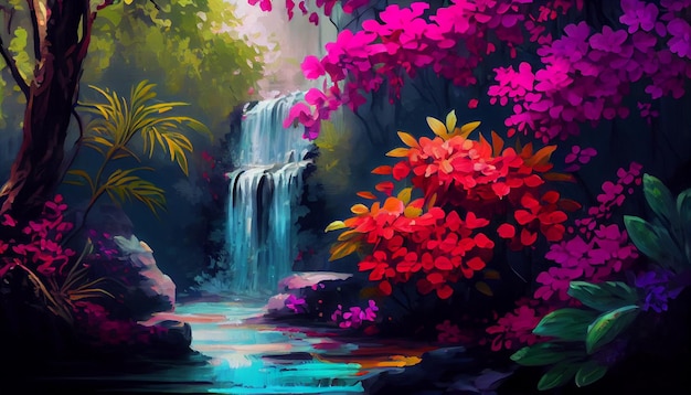 A waterfall in a tropical forest with flowers and a waterfall.