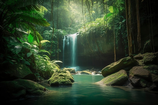 Waterfall in a tropical jungle generative ai