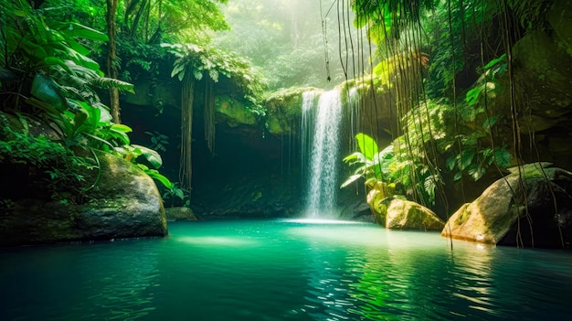 A waterfall in a tropical jungle