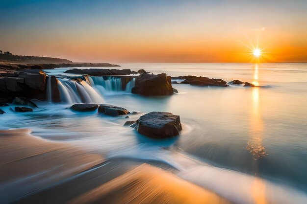 Photo a waterfall in the water with the sun setting behind it