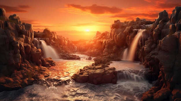 водопад в воде с заходящим за ним солнцем