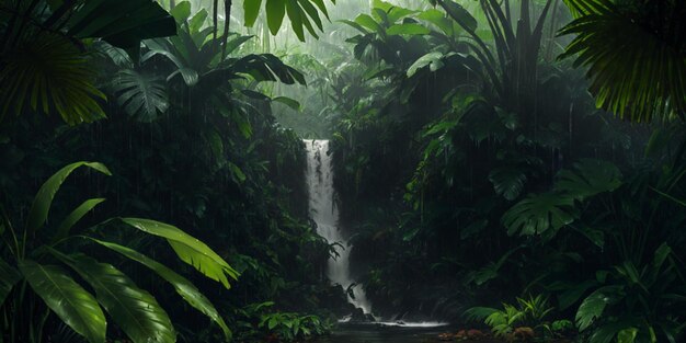 Waterfall in wild jungle Heavy rain Dark tropical forest with exotic plants palm trees big leaves and ferns Scary thicket of the rainforest Stream of water wet green vegetation Generative AI