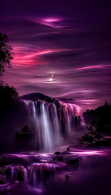 Фото Водопад с полной луной на фоне генеративного ии