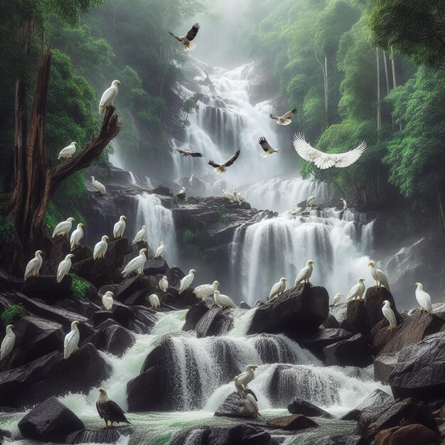 a waterfall with birds flying around it and birds flying above it