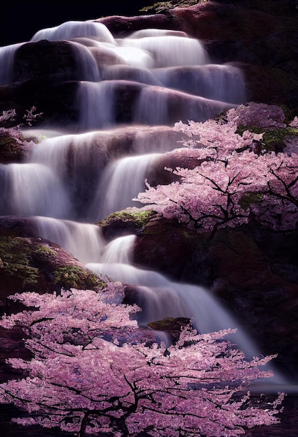 Waterfall with blossom cherry like sakura flower in the forest 2D Illustration