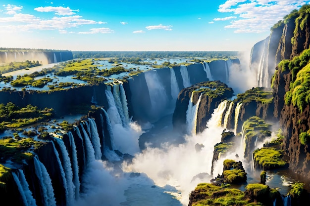 A waterfall with a blue sky and clouds