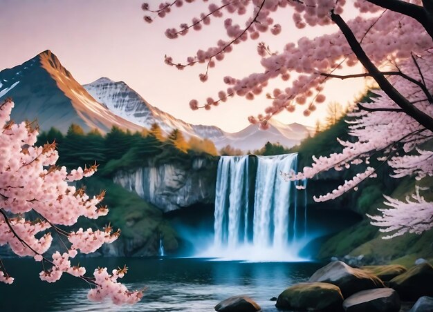 a waterfall with cherry blossoms in the background and a mountain in the background