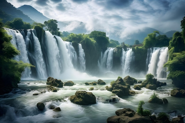 a waterfall with a cloudy sky and trees in the background