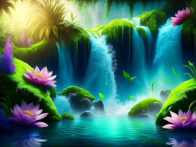 A waterfall with a flower in the foreground
