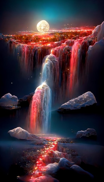 Waterfall with a full moon in the background generative ai