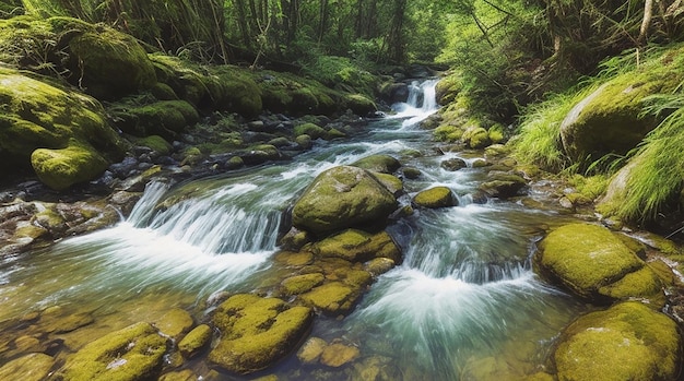 a waterfall with a green mossy rock in the middle