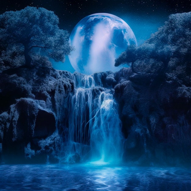 A waterfall with the moon in the background