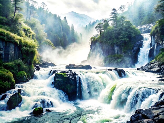 a waterfall with a mountain in the background and a mountain in the background