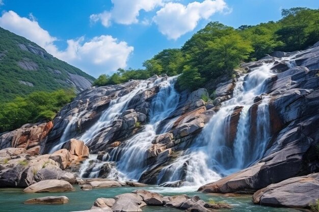 Photo a waterfall with a mountain in the background and the name of the waterfall