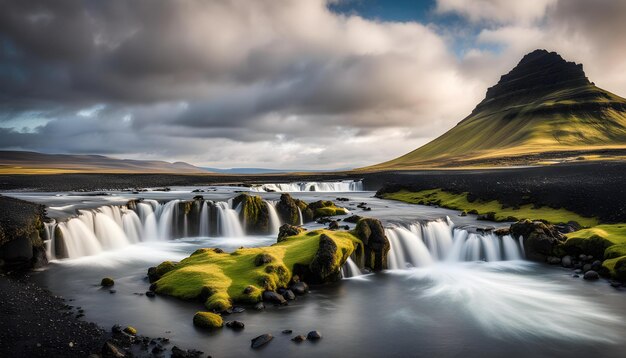 Photo a waterfall with a mountain in the background