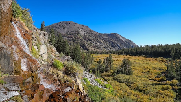 A waterfall with Nevada's Mt. Rose in the background