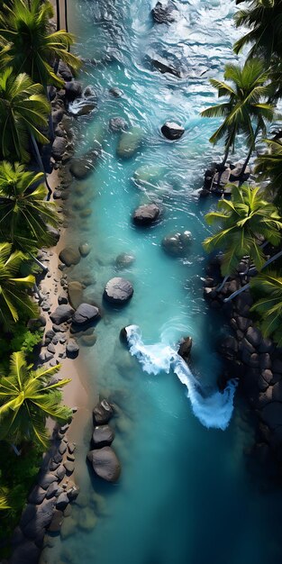 a waterfall with palm trees and rocks in the water