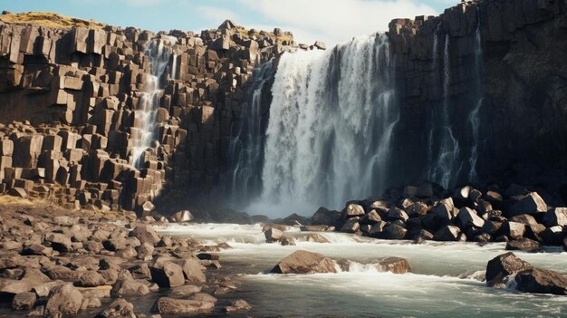 Photo a waterfall with a person standing on top of it