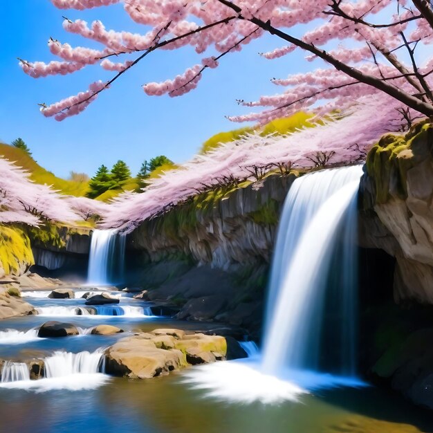 a waterfall with pink flowers on the bottom and a picture of a waterfall in the background