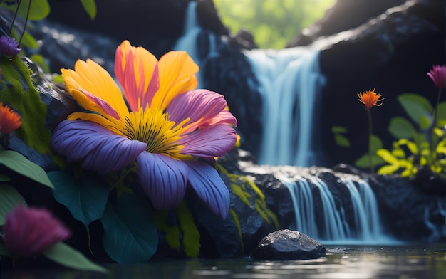 waterfall with river and flowers