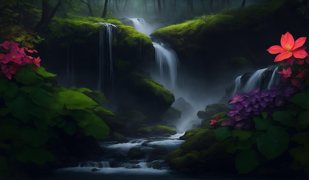 waterfall with river and flowers