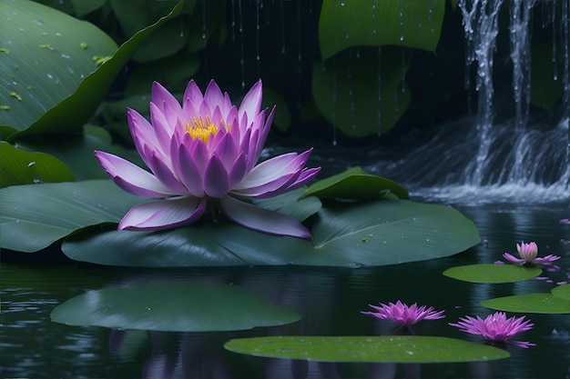 waterfall with river and flowers