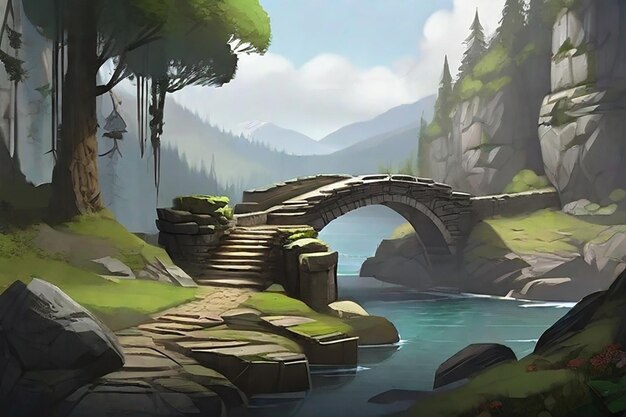 waterfall with rock cliffs and wooden bridge landscape vector art