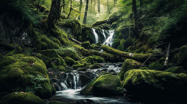 Waterfall with rocks and green moss in the forest Generative AI