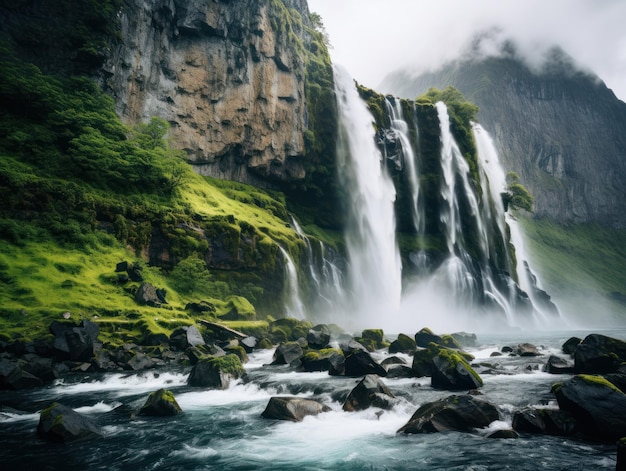 a waterfall with rocks and water