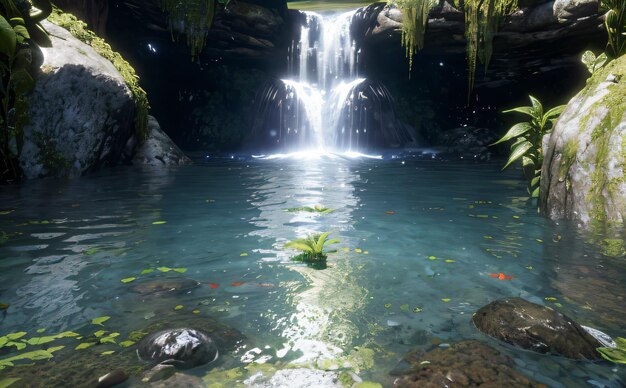 a waterfall with a small plant in the middle of it