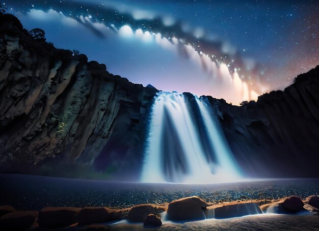 waterfall with a star filled sky in the background