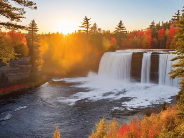 a waterfall with the sun setting behind it