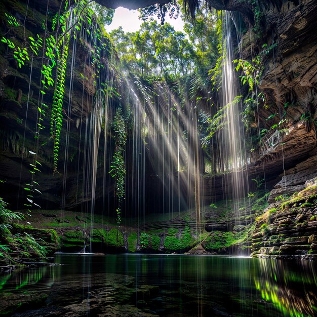 Photo a waterfall with the sun shining through the leaves