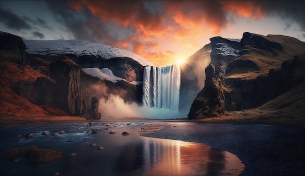 A waterfall with a sunset behind it