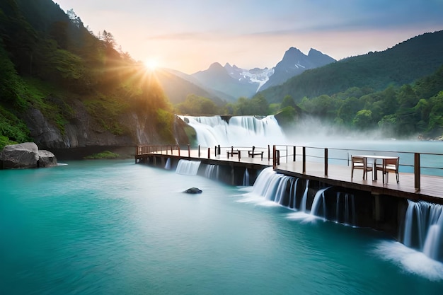 A waterfall with a table and chairs on it