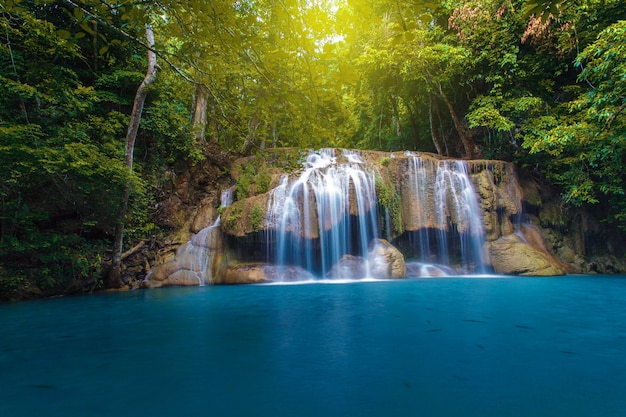 Waterfall with tree in deep forest, Kanchanaburi, Thailand