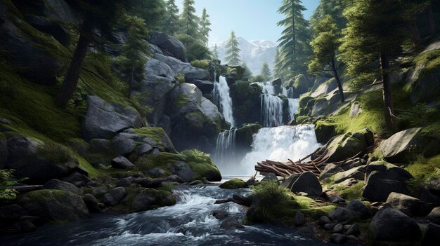 a waterfall with a tree stump and a log in the foreground