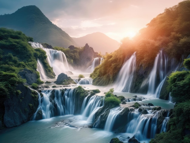 a waterfall with trees and mountains in the background