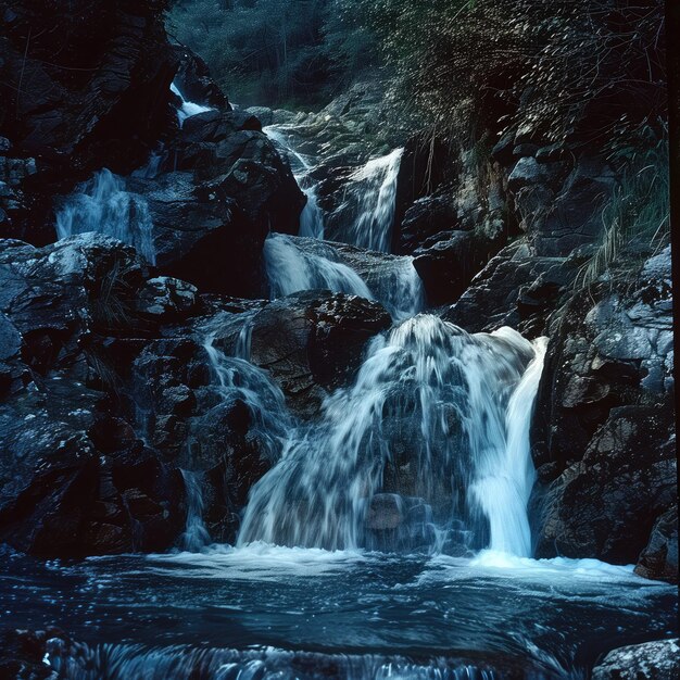 Photo a waterfall with a waterfall in the background and the name  waterfall  on the bottom