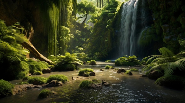 a waterfall with a waterfall in the background and a waterfall in the background