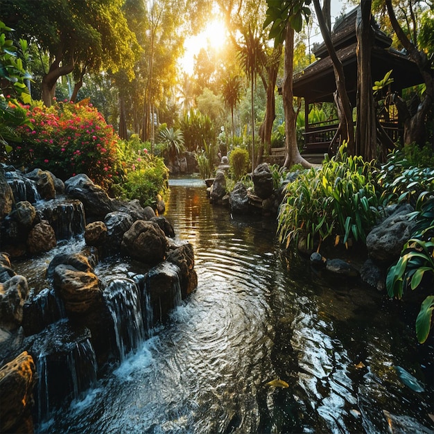 a waterfall with a waterfall and a cabin in the background