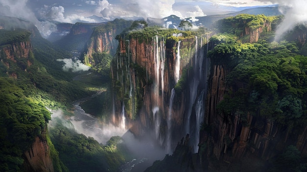a waterfall with a waterfall in the middle of it